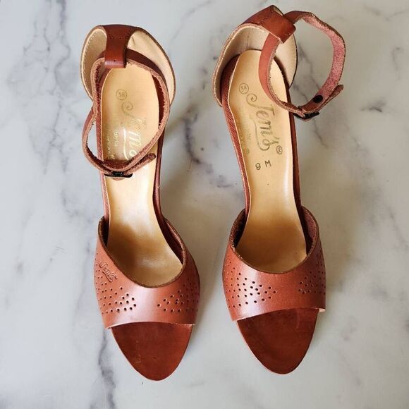 Jems Italian leather women's high heels size 9 Brown pecan cognac open peep toe - Picture 3 of 11